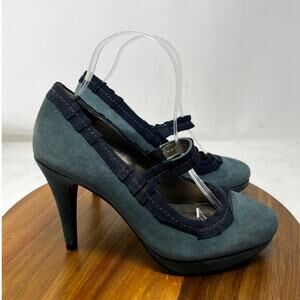 Boden Blue Suede Leather Ribbon Trim Mary Jane Court Heeled Pumps Size 38 US 7‎